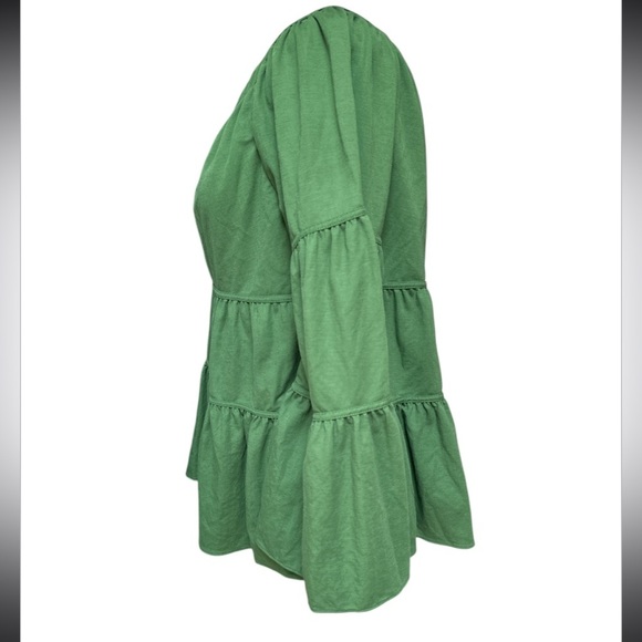 Rebecca Taylor Womens Green Tiered Pique Bell Sleeve Top Princess Boho Flowing - Picture 2 of 7